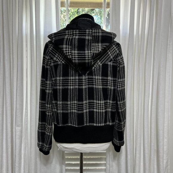 New York & Company Plaid Hooded Jacket Black White M Snap Zip Wool Blend - Picture 7 of 12